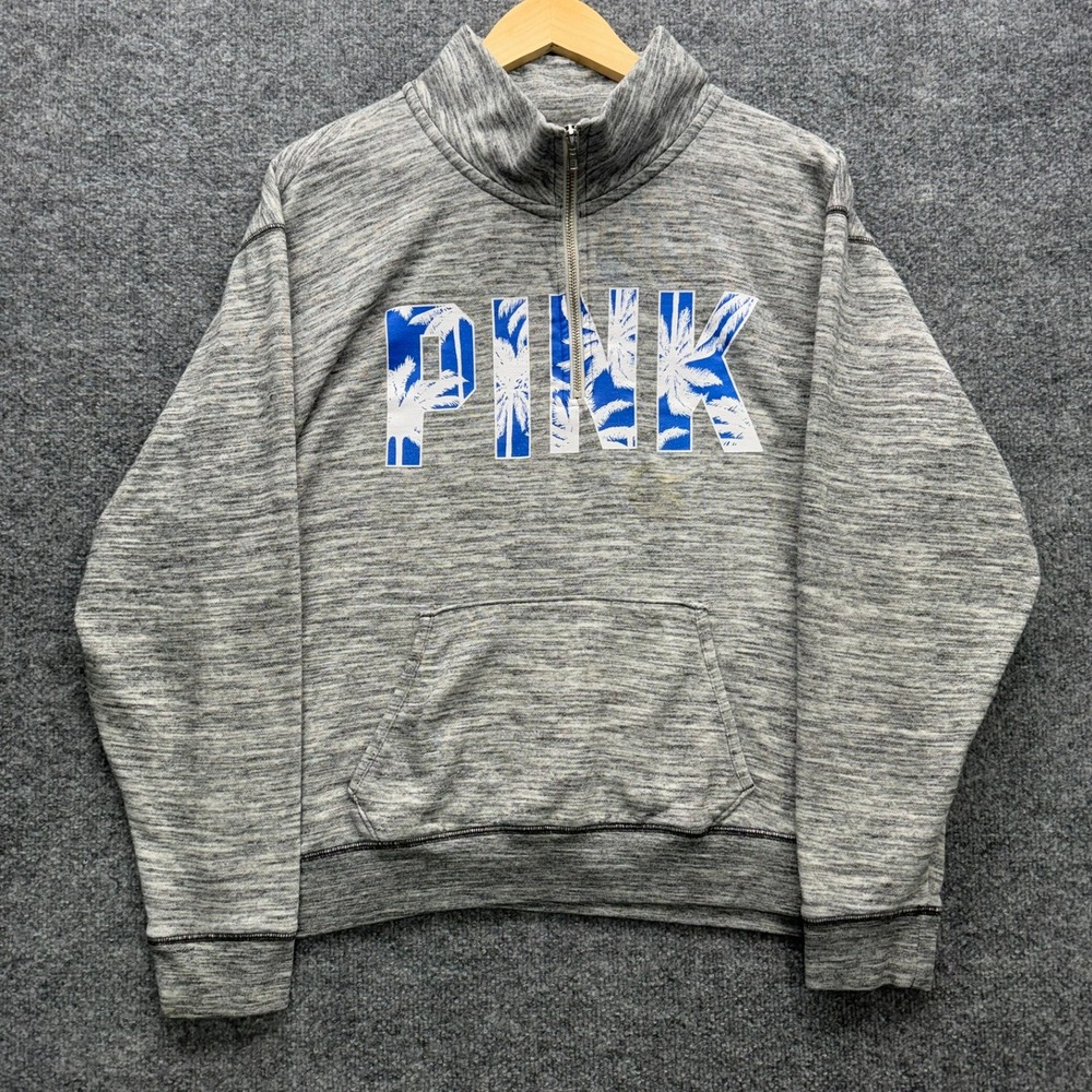 PINK Victoria's Secret Quarter Zip Sweatshirt Women's Size L Gray Palm Tree Logo